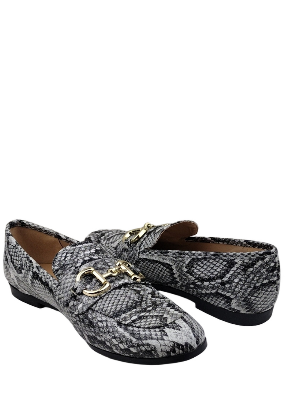 JustFab Johanna Black White Snakeskin Horsebit Accent Square Toe Loafer Shoe